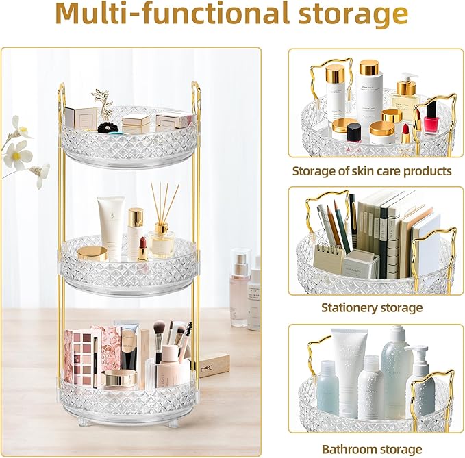 360 Rotating Makeup Organizer for Vanity, 2Tier Adjustable Perfume Organizer for Dresser, Multi-Function Spinning Cosmetics Skincare Storage for Bedroom, Dresser, Countertop, Clear