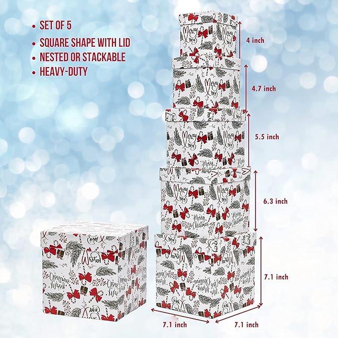 UNIQOOO 5PCS Christmas Nesting Gift Boxes with Lid, Nested Box Set, 5 Sizes, Square Stackable, Red White Green, Xmas Berry Candy Cane Paper Box Tower Décor, Holiday Thanksgiving New Year Packaging