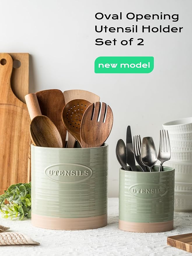YHOSSEUN Kitchen Utensil Holder, 6.7"+5.1" Ceramic Utensil Holder for Kitchen Counter, Oval Cooking Utensil Crocks for Countertop, Utensil Storage Organizer Set of 2, Green
