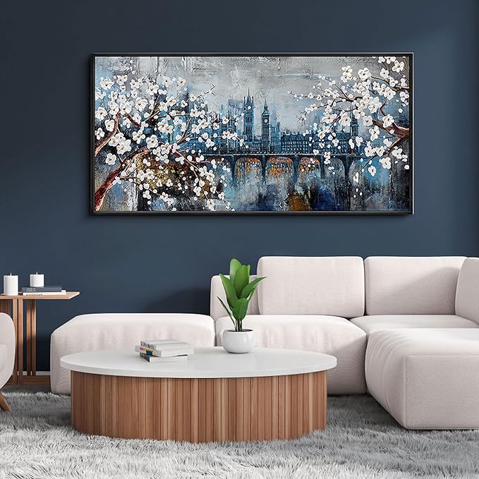 KLAKLA Wall Art for Living Room City Scenes - Black Frame Large Abstract Wall Decor Bedroom Office Landscape Plum Blossom Picture Artwork for wall Modern Home Decoration