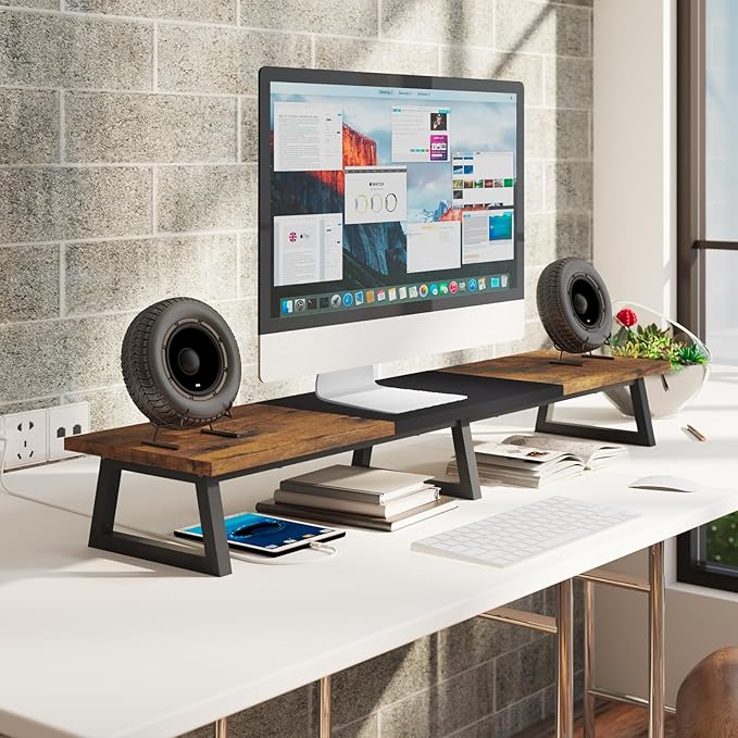 TEAMIX 42 inch Large Dual Monitor Riser, Extra Long Monitor Stand Riser Wide TV Stand Riser Monitor Stand for 2 Monitors Wood & Steel Desktop Riser Desk Organization Home Office