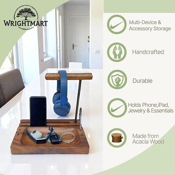 Solid Acacia Wood Multiple Headphone Stand – Multi-Device Holder for iPad, iPhone, Tablets & Phones, Desk Organizer with Tray, Pen & Pencil Holder, 1.5" Thick Base, Wooden Tech Dock