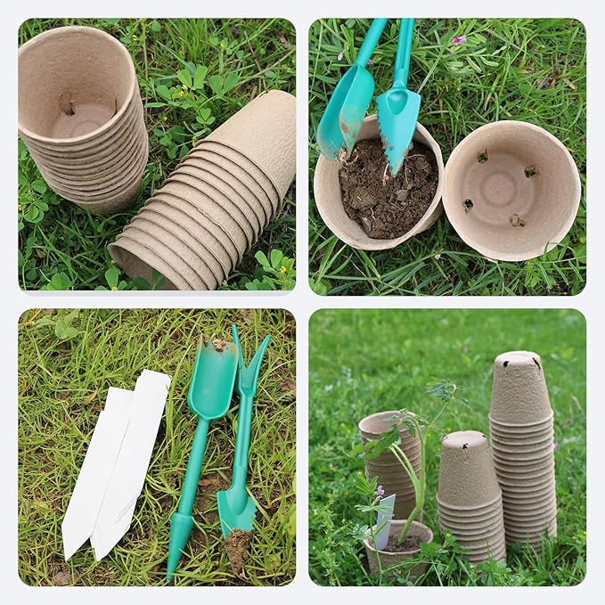 50Pcs Biodegradable Seedling Pots Seed Starter Kit 3.15 Inch Round Peat Pot with Drainage Holes, Plant Labels, Seedling Pickers & Garden Shovels