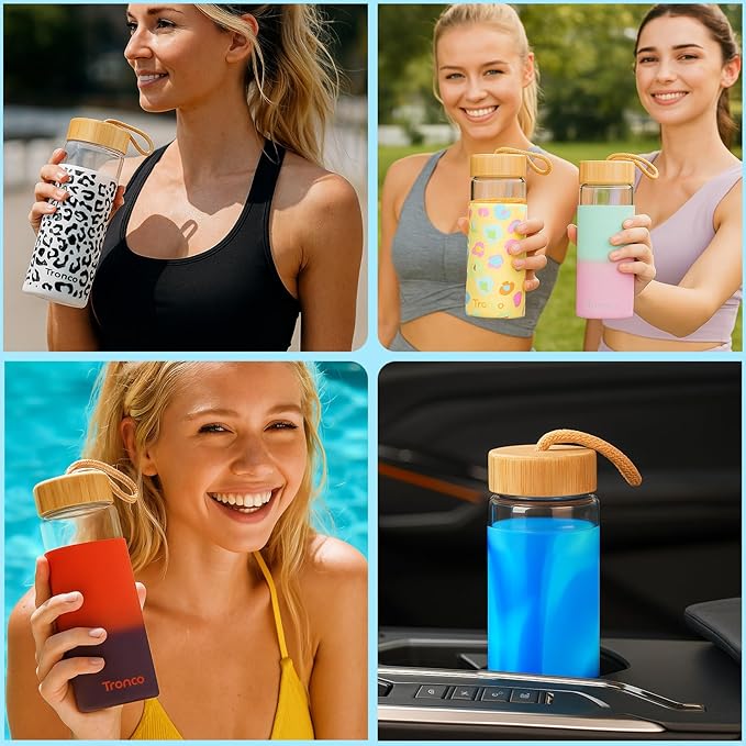 Tronco 20oz Borosilicate Glass Water Bottle with Bamboo Lid, Non-Slip Silicone Sleeve, Leak-Proof and Reusable Glass Bottle Perfect for gifts,Travel, Gym, and Everyday Use, BPA-Free, Dishwasher Safe