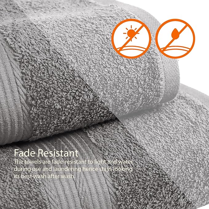 Amazon Basics 6 Piece Oversized Fade resistant Towel set, 100% Cotton towels for bathroom, soft and absorbent, 2 Bath Towels, 2 Hand Towels and 2 Washcloths bathroom towel set, Gray