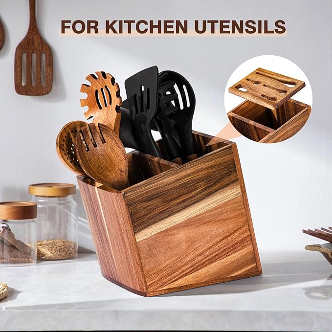 Utensil Holder for Kitchen Counter 2in1 Large Wooden Knives and Cooking Utensil Holder Utensil Organizer
