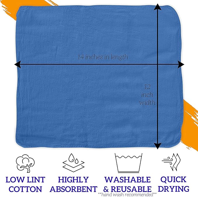 GREEN LIFESTYLE Blue Shop Towels 12x14, 50 Pack, 100% Cotton Super Absorbent & Durable Shop Rags, Reusable Shop Rags Bulk, Multipurpose Cleaning Towels for Automobiles, Industries, Garage and Home