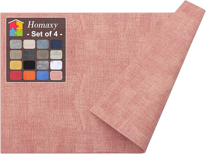 Homaxy Faux Leather Heat Resistant Placemats for Dining Table Set of 4, Waterproof Wipeable Washable PU Table Mats, Easy to Clean Anti-Slip Place Mats, 11.8" x 17", Pink