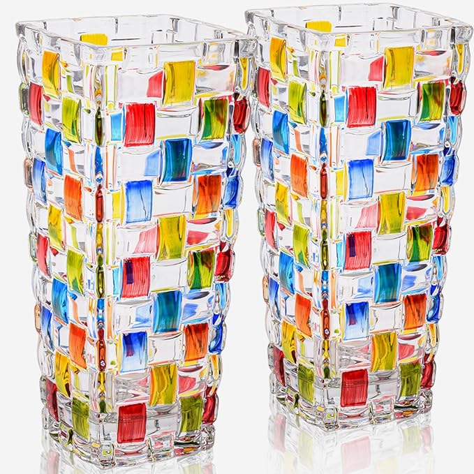 2 Pack Colorful Woven Glass Vase, 7.7" Stained Hand Painted Flower Vases, Unique Crystal Mosaic Vase for Art Centerpiece Table Home Indoor Desk Decor, Wedding Housewarming Gift
