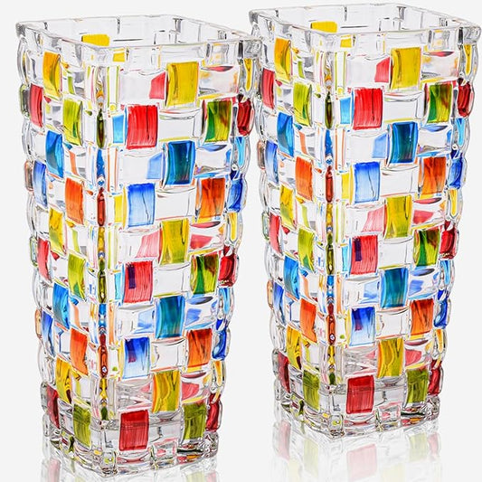 2 Pack Colorful Woven Glass Vase, 7.7" Stained Hand Painted Flower Vases, Unique Crystal Mosaic Vase for Art Centerpiece Table Home Indoor Desk Decor, Wedding Housewarming Gift
