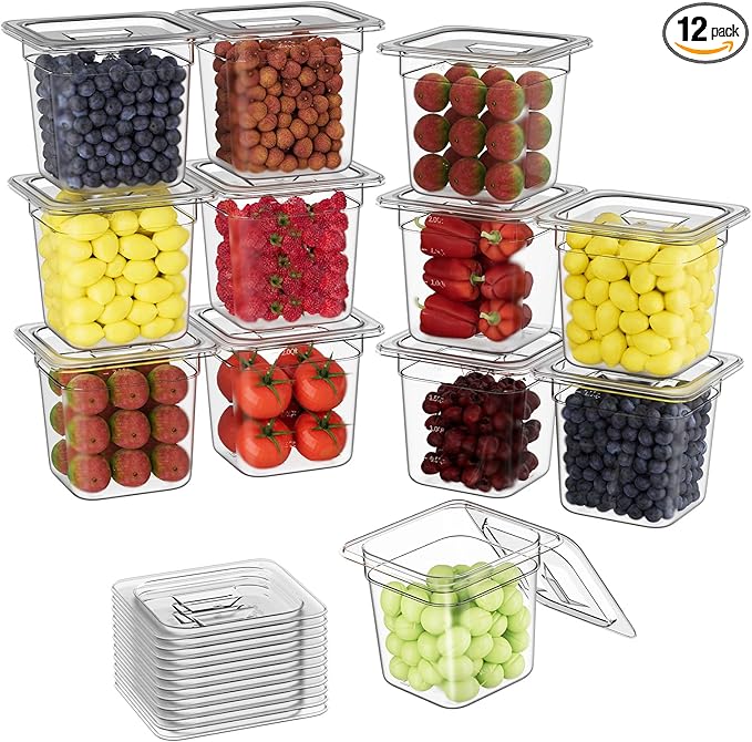 1/6 6'' 12 Pack Plastic Food Pans With Lids, Clear Food Pan, Commercial Stackable Polycarbonate Freezer-Safe for Fruits Vegetables Restaurant Kitchen