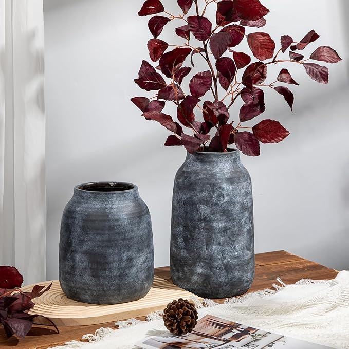 Briful Tall Rustic Ceramic Vase 11” – Vintage Distressed Pottery Flower Vase with Antique White-Wash Finish – Farmhouse Table Decor & Shelf Accent (Not Waterproof)