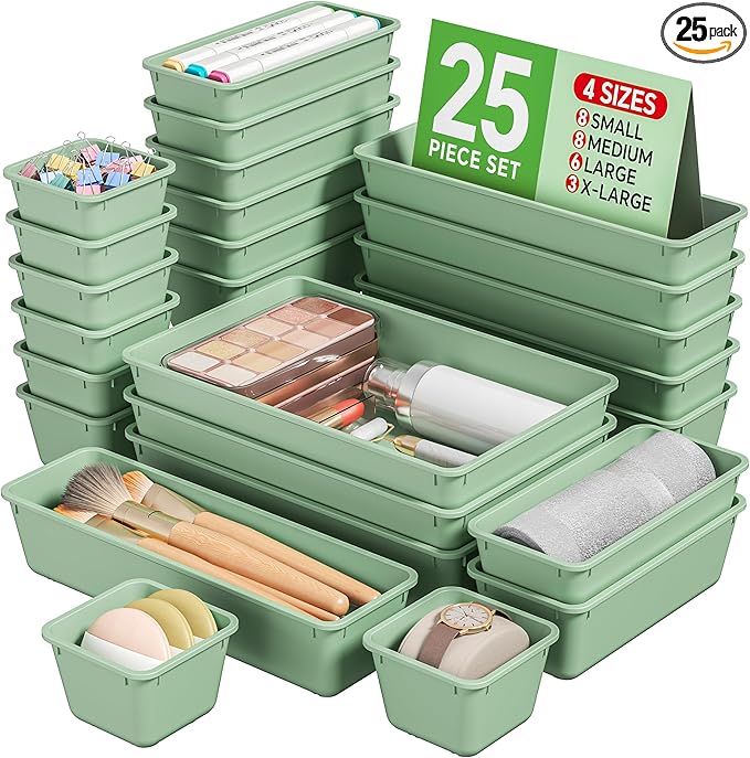 25 PCS Plastic Drawer Organizers Set, 4 Sizes Vanity Organizer, Makeup and Desk Drawer Organizer Trays, Organization and Storage for Makeup, Bathroom, Kitchen Utensils and Office (Green)
