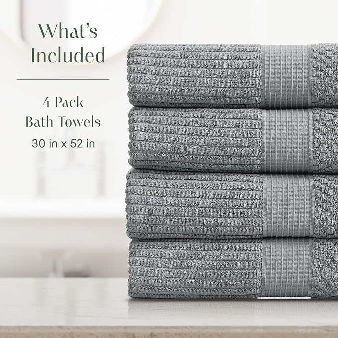 Springtree Home 100% Cotton Bath Towel Set of 4 | Super Soft & Absorbent with Quick-Dry Fibers | 4 Bath Towels | Textured and Durable Cotton | Krista Collection (Ultimate Grey)