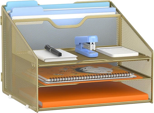 Letter Tray Organizer, Mesh Desk File Organizer with 3 Paper Trays and 2 Vertical Upright Section (Gold)