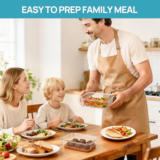 Vtopmart 2Pack 1500ml/50.7oz Large Glass Storage Containers with Lids, Meal Prep Food Container Set with Snap Airtight Lid for Baking, Microwave, Oven, Leak Proof, for Freezer, Dishwasher, Grey