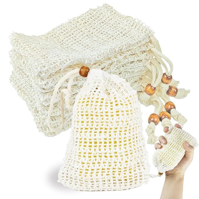 8 PCS Beige Soap Saver Bag Natural Sisal Soap Bag Pouch for Foaming and Drying Soap Holder for Shower Exfoliating Mesh Soap Bag