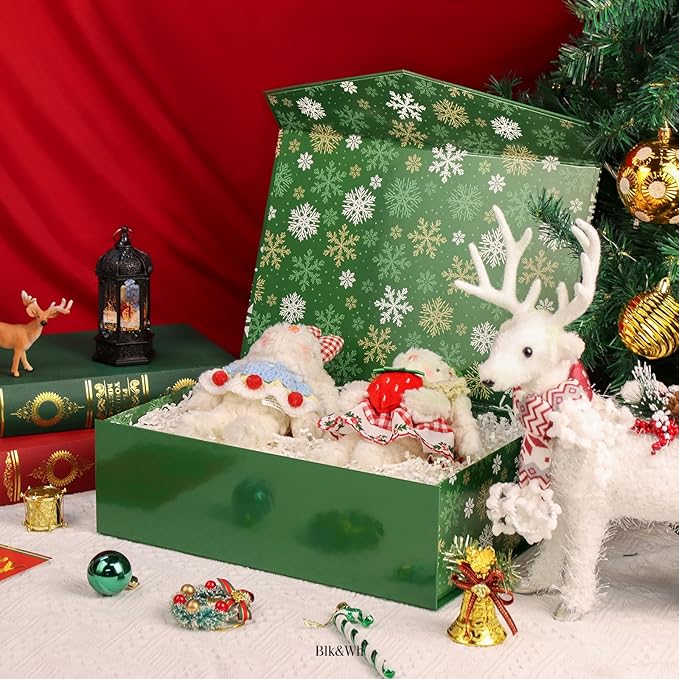 BLK&WH Christmas Gift Box 13.5x9x4.1 Inches, Green Large Collapsible Gift Box with Magnetic Lid (Green, Snowflake)
