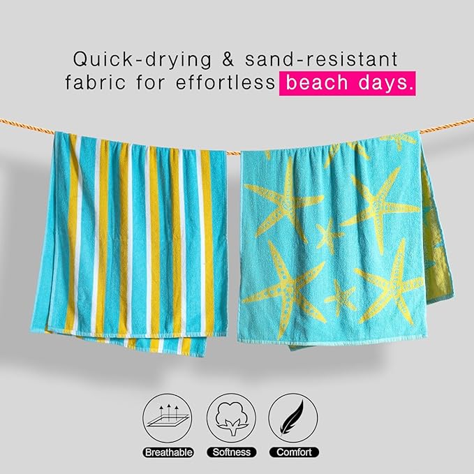 CASA COPENHAGEN Miami Bath Towels Designed in Denmark Rough and Tough, Quick Dry, for Pool, Bath & Shower 30"x60", 2 Pieces Cotton Beach Towels Set - Star Fish Teal + Yellow Stripe