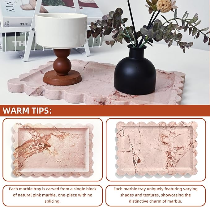 Yew & Tulip Natural Marble Vanity Tray with Scalloped Rim, Nature Rose Pink Luxury Stone Serving Tray for Bathroom, Kitchen, Vanity, Home Decor, Wedding etc. (12"x 8" x 0.6")