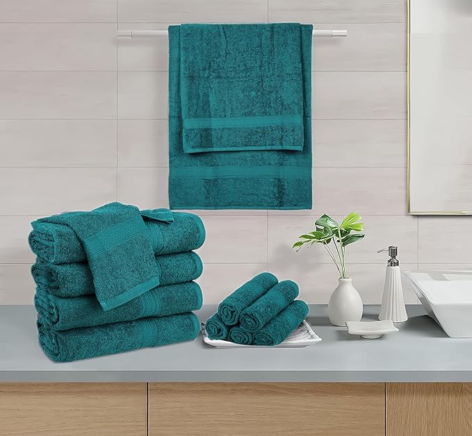 HILLFAIR 100% Cotton Towels Set for Bathroom, Quick Drying, High Absorbent 24Pc Towel Set, 2 Bath Sheets, 4 Bath Towels, 6 Hand Towels, 4 Fingertip Towels, 8 Washclothes: Teal (600GSM-24PC-TEAL)