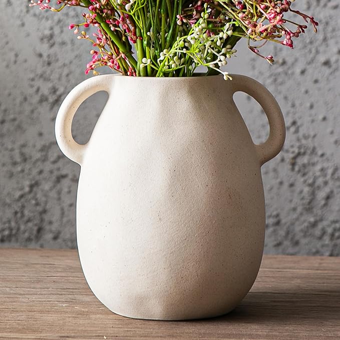 Kimdio White Ceramic Vase with 2 Handles – Sand-Glazed Clay Pottery Vase for Dried Flowers, Rustic Modern Table Decor, Farmhouse Boho Shelf Decoration