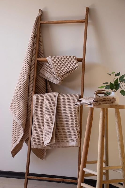 PÜSKÜL - Turkish Waffle Weave Towel Set - 100% Turkish Cotton Long-Staple Cotton, 4-Piece Bathroom Set (2 Bath, 2 Hand Towels) - Made in Turkey (Beige, Towel Set - 2 Hand & 2 Bath Towels)