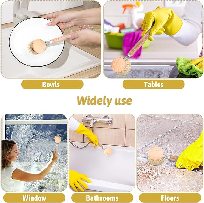8 Pcs Wooden Dish Brush with Handle Bamboo Scrub Brush for Dishes with Dish Brush Replacement Head Dish Brush for Kitchen Cleaning Dishes