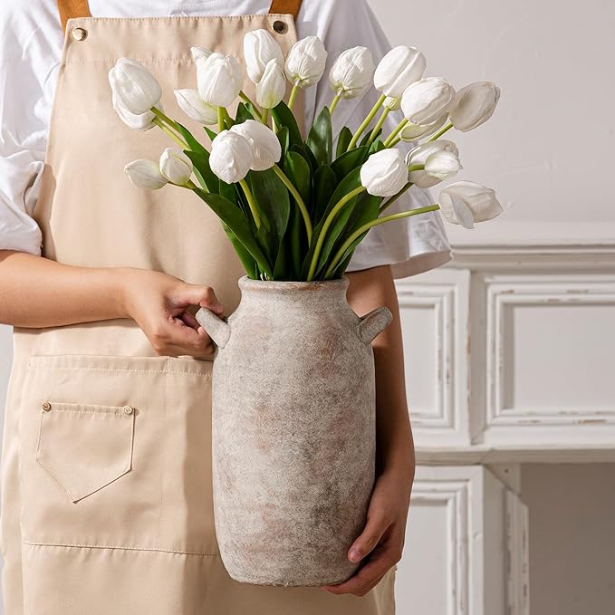 Large Flower Vase Home Decor - 12 inch Tall Ceramic Farmhouse Rustic Table Vases with Handle Living Room Decoration Decorative Modern Pottery for Floor Kitchen Shelf Coffee Dining Desk Fireplace