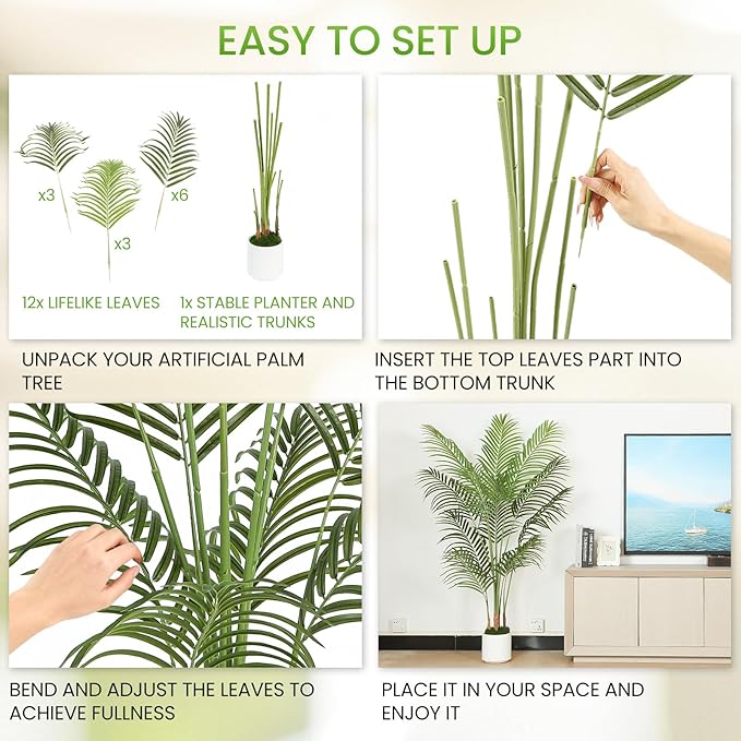 5FT Artificial Palm Tree, Tall Fake Tropical Areca Plant with White Round Planter for Indoor Outdoor Home Decor, Realistic Faux Palm Tree for Living Room, Office, Porch, Garden
