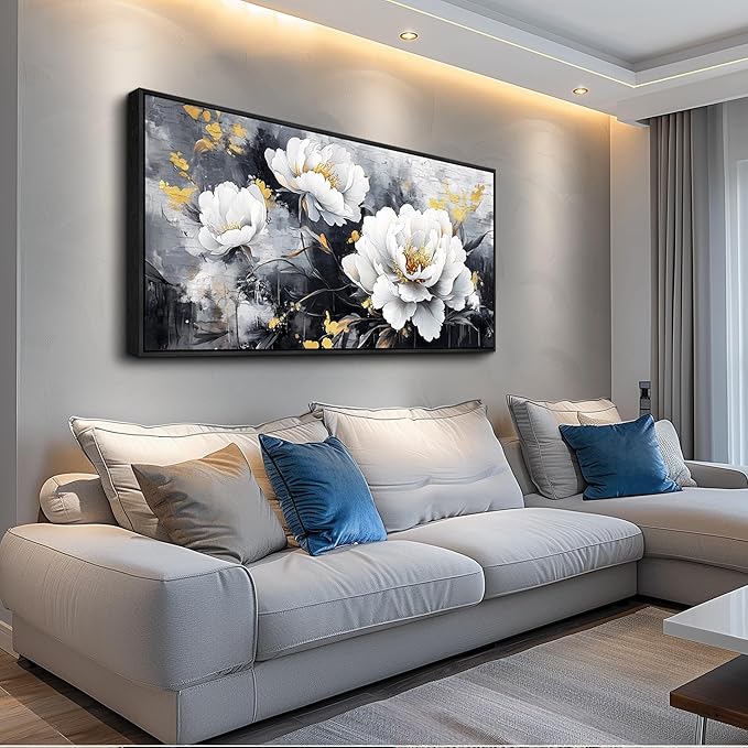 PHAOHUAXM Large Framed Print Canvas Wall Art For Living Room Wall Decor For Bedroom Abstract Wall Painting Ink-Wash White Flowers With Black Frames Dining Room Decor Modern Room Home Decor 20"X40"