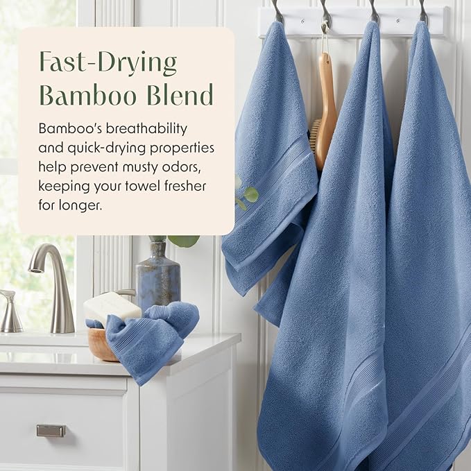 Springtree Home Luxury Bamboo Rayon Bath Towel Set 6 Piece Set | 35% Bamboo Rayon - 65% Cotton | Absorbent Quick-Dry Towels for Bathroom | Oeko-TEX Standard 100 Cotton | Mediterranean Blue
