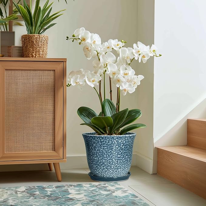 Ceramic Plant Pots - 12 Inch Pots for Plants Indoor Outdoor, Large Round Planter with Drainage Hole and Saucer, Modern Decorative Planters, Garden House Decor, House Warming Gifts, Blue