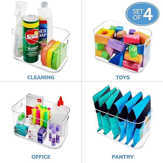 STORi Bliss 10" x 6" Open Clear Pantry Organizer Bin, Set of 4, Plastic Containers with Handle for Kitchen, Fridge, Cabinet, Closet, Bathroom, Undersink Storage Made in USA