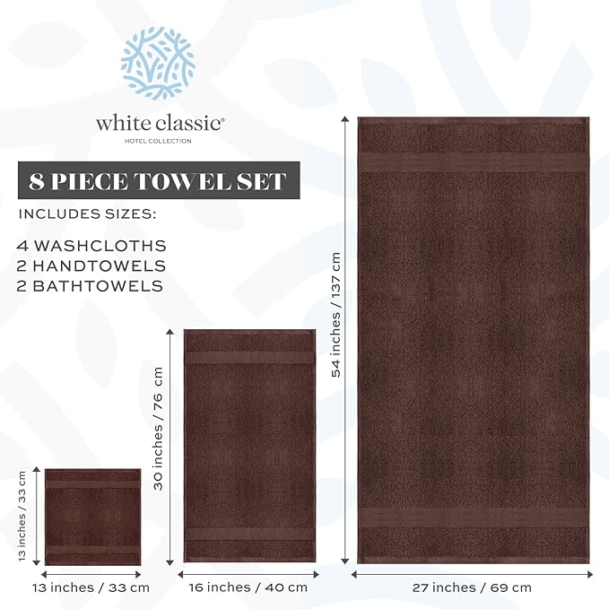 White Classic Luxury Bath Towel Set of 8 Pieces - 100% Turkish Cotton Highly Absorbent Towels for Bathroom, 2 Luxury Bath Towels 700GSM, 2 Hand Towels, 4 Washcloths, Brown