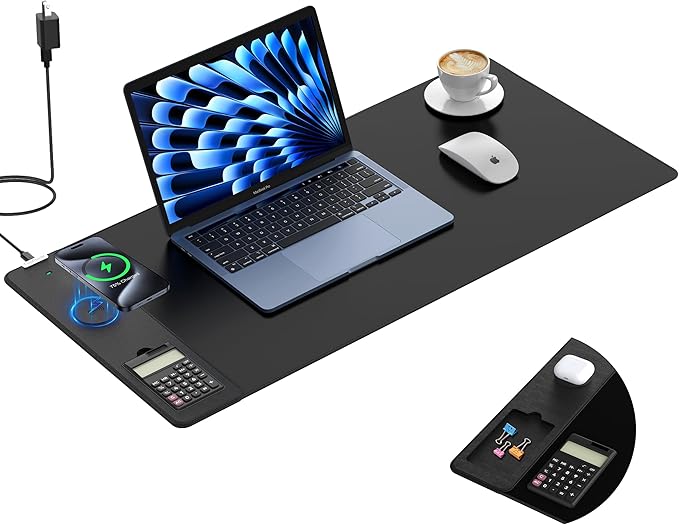 TopMade Mouse Pad with 15W Wireless Charging & Removable 8-Digit Solar Calculator, Exact Large Desk Pad, Waterproof Mousepad Home Office Desk Mat (Includes 20W PD Power Adapter & 6.56ft Woven Cable)