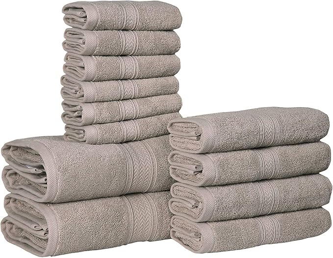 Hillfair 12-Piece Cotton Bath Towel Set - 600 GSM - Hotel Spa Towels - 2 Bath, 4 Hand, 6 Washcloths - Absorbent Soft Cotton - Khaki Stone