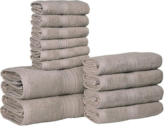 Hillfair 12-Piece Cotton Bath Towel Set - 600 GSM - Hotel Spa Towels - 2 Bath, 4 Hand, 6 Washcloths - Absorbent Soft Cotton - Khaki Stone