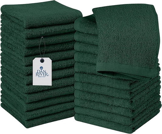 DAN RIVER 100% Cotton Wash Cloths 24 Pack [12x12] Soft & Absorbent washrags, Gym, Hotels & Spa Perfect for Everyday Use Fingertip Towels, Hunter Green
