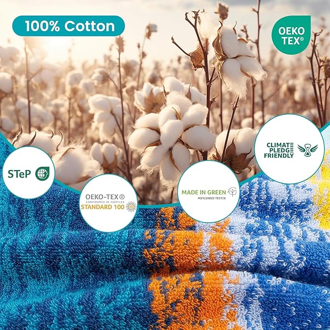 SEMAXE Bath Towel Set of 8 Include 2 Bath Towels, 2 Hand Towels, 4 Washcloths, 100% Cotton Bathroom Towels with Hanging Loops and Nano-Bio Lifecycle Labels,Colorful Towel - The Starry Night Collection