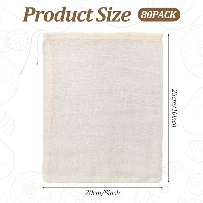 80 Pieces Natural Cotton Muslin Bags, 8x10 Inches Reusable Drawstring Storage Bags for Tea, Spices, Wedding Favors, DIY Crafts and Home Decor
