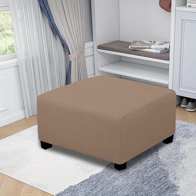 Easy-Going Stretch Ottoman Cover Folding Storage Stool Furniture Protector Soft slipcover with Elastic Bottom (Medium,Camel)