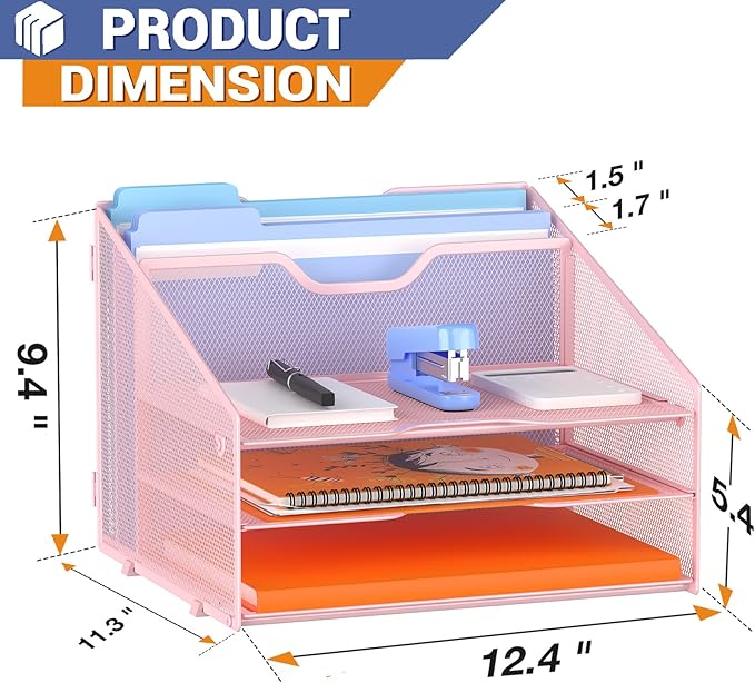 Letter Tray Organizer, Mesh Desk File Organizer with 3 Paper Trays and 2 Vertical Upright Section (Pink)