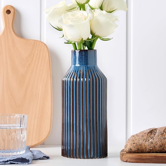 Blue Ceramic Flower Vase, Minimalist Decor, Modern Home Decorative Vase, 8 Inch Small Pampas Grass Vases for Kitchen, Bedroom, Office, Living Room, Bathroom, Shelf Centerpiece Table