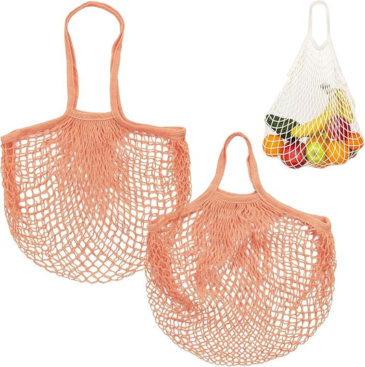 2-Pack Cotton Mesh Bag, Reusable Washable Mesh Net String Grocery Bags, Reusable Produce Bags with Handle, Net Tote Bag for Fruits Shopping [Pink Brown, Long&Short Handle]