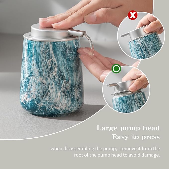Enra Ceramic Hand Soap Dispenser,12 oz Blue Lotion Dispenser Bathroom Liquid Refillable Dish Soap Dispenser for Bathroom Kitchen with Easy-to-Press Silver Pump (Blue Liquid Type)