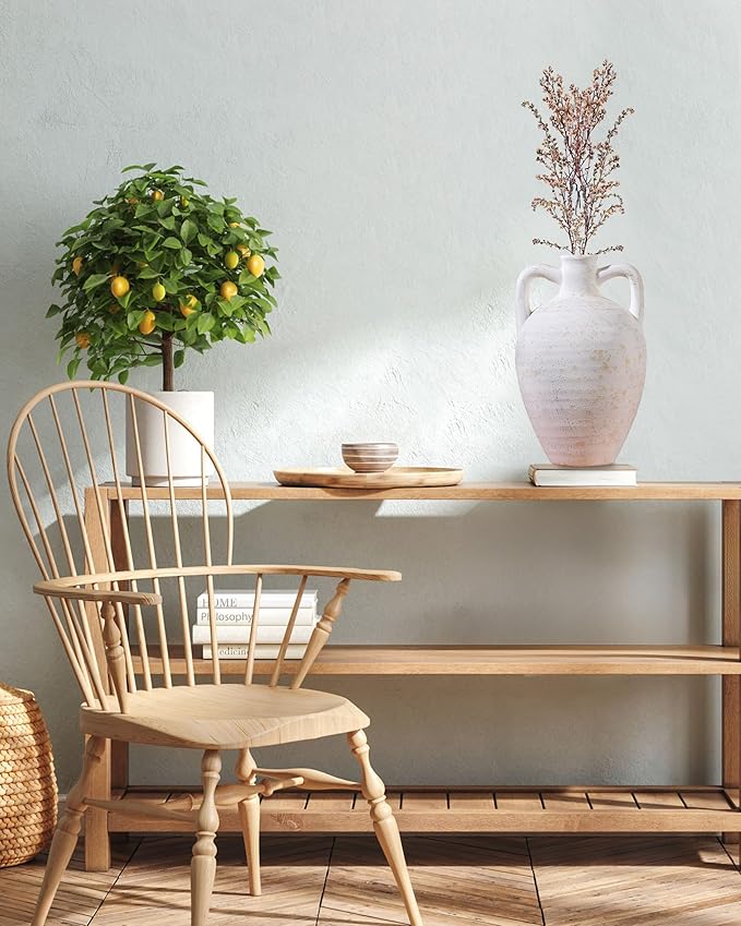 UPWOIGH Ceramic Flower Vase, 11.8 inch Tall Off-White Farmhouse Rustic Vase, Handcrafted Weathered Handle Pottery Vases, Large Flower Terracotta Vases for Home Decor, Living Room, Table, Shelf