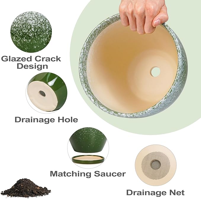 10 Inch Plant Pot - Ceramic Planters for Indoor Plants Outdoor, Large Planter with Drainage Hole and Saucer, Decorative Round Flower Pots, Garden House Decor, Gifts for Plant Lovers, Green