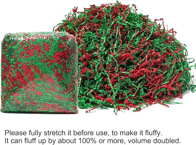 Mefleet 2 LB Crinkle Cut Paper Shred Filler Green & Red Crinkle Shredded Paper for Gift Box - Gift Basket Bag Filler - Grass Cushion Stuffing for Christmas Holiday Packaging Wrapping