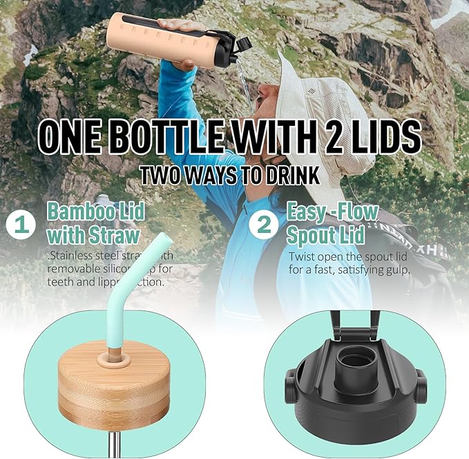 32oz Glass Water Bottle with Straw and 2 Lids- Bamboo and Spout Lid,Motivational Sports Water Bottle with Silicone Sleeve and Time Marker,Reusable for Gym, Outdoors, Mint Green